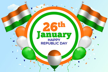 26th january india republic day celebration background with indian flag and balloons vector illustration