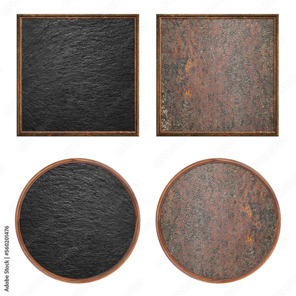 Aufkleber wooden frame. four blank round and square frames with rust and stone creative insert isolated on whi