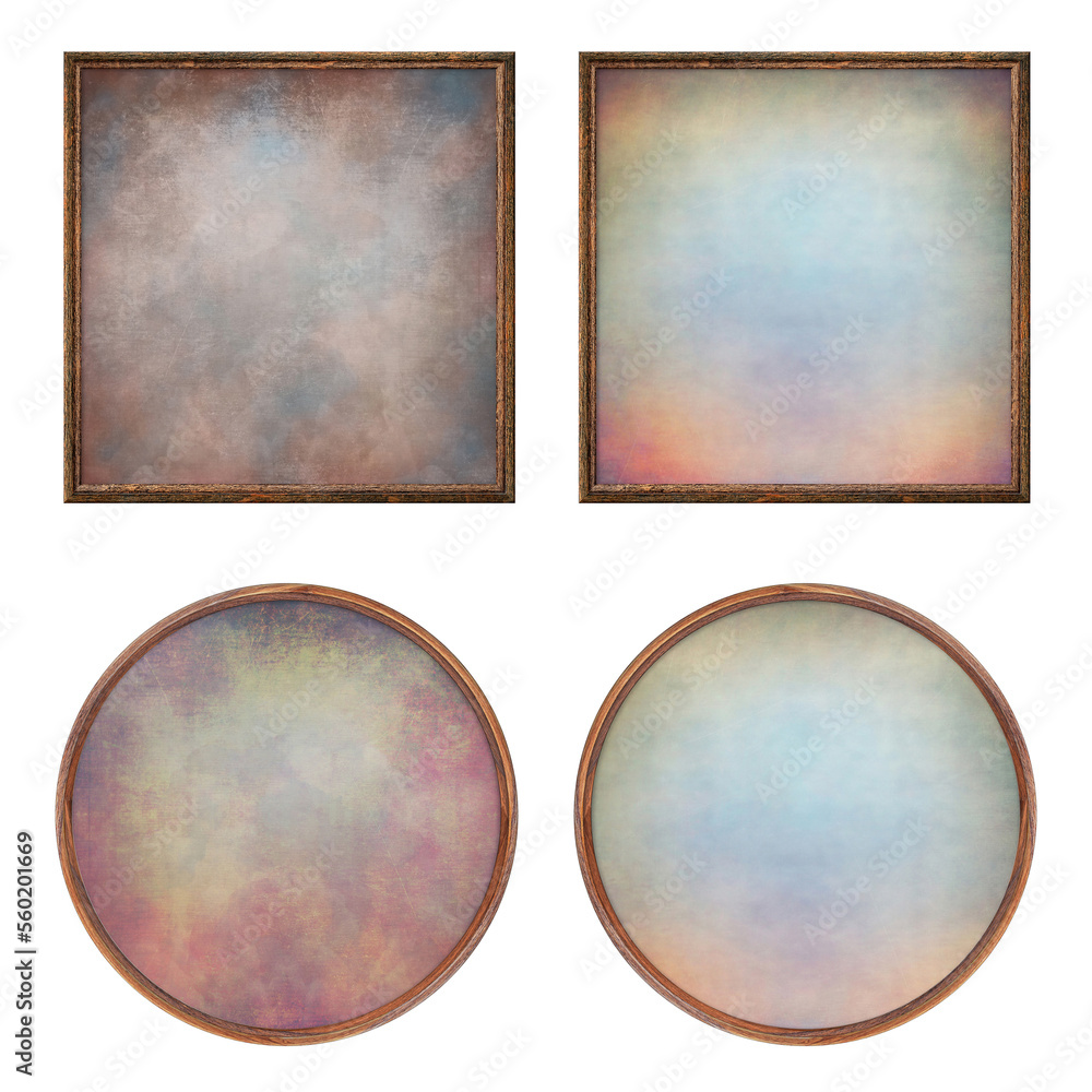 Aufkleber wooden frame. four blank round and square frames with a creative insert isolated on a white backgrou