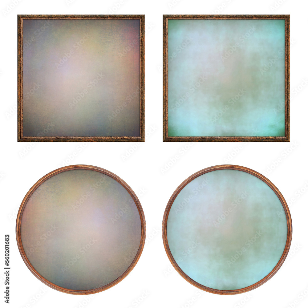Poster wooden frame. four blank round and square frames with a creative insert isolated on a white backgrou