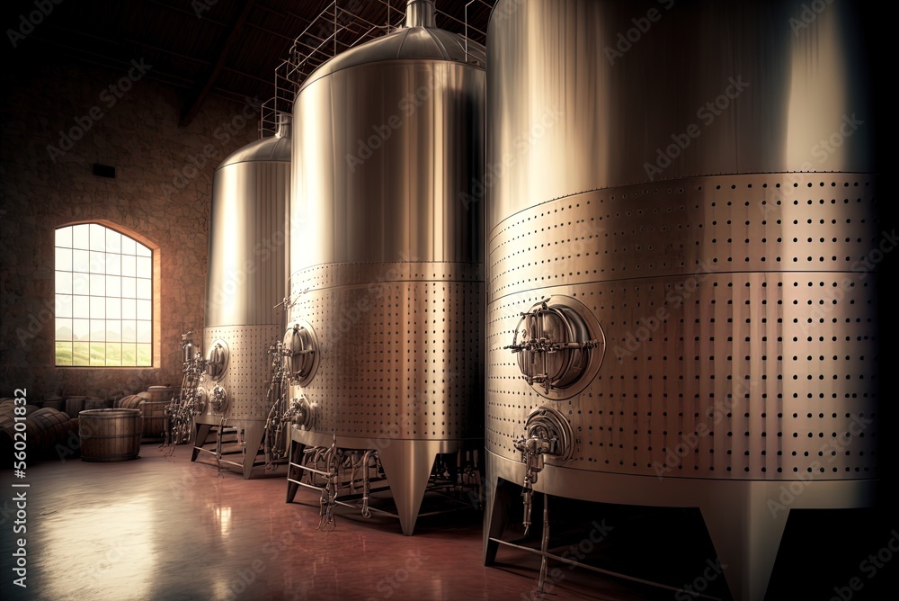Poster wine is stored in metal tanks in a vineyard. generative ai