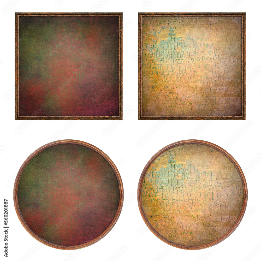 Aufkleber wooden frame. four blank round and square frames with creative scratched texture insert isolated on 