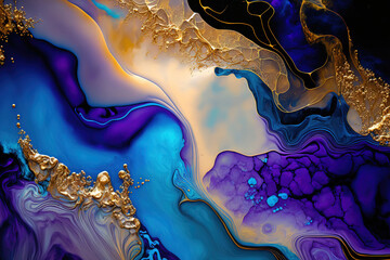 Blue and purple marble and gold abstract background texture. Indigo ocean blue marbling with natural luxury style swirls of marble and gold powder. (ai generated)