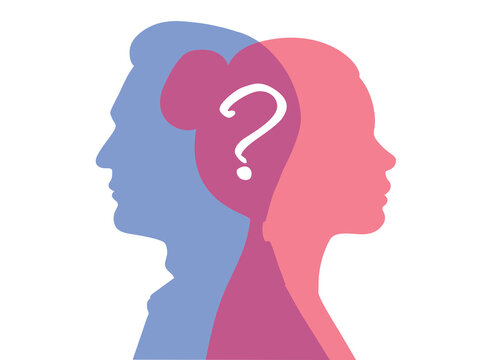 Male and female silhouettes and question mark. Vector illustration isolated on a white background