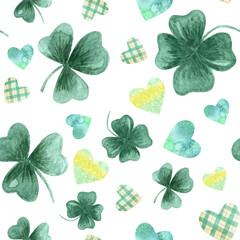 Watercolor hand drawn seamless pattern with green clover leaves and plaid hearts on white background. Symbol of good luck with aquarelle shamrock plant leaves. decor for St. Patrick's Day party.