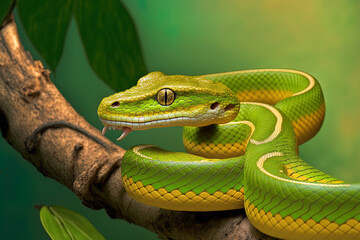 Naklejka premium Close up of a viper snake (Tropidiolaemus wagleri) on a branch. Generative AI