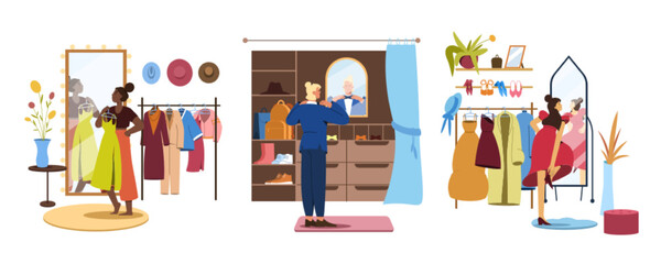 Flat man in wardrobe, people in walk in closet trying on clothes. Women shopping in boutique store. Girls choose outfit in cloakroom in front of mirror and hangers with dresses, coats and accessories.