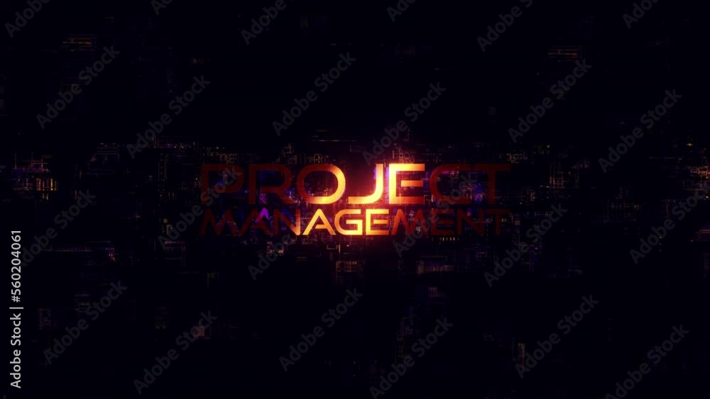 Poster 3d animation of project management glow glitch text digital effect cinematic title background. endin