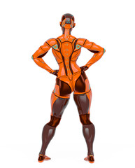 super cyborg girl is doing a super pose like a comic hero rear view