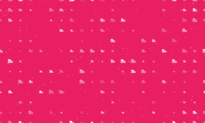 Seamless background pattern of evenly spaced white concrete mixer truck symbols of different sizes and opacity. Vector illustration on pink background with stars