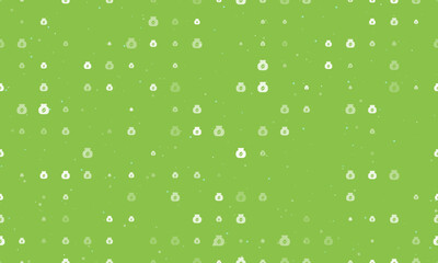 Seamless background pattern of evenly spaced white instant coffee symbols of different sizes and opacity. Vector illustration on light green background with stars