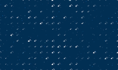 Seamless background pattern of evenly spaced white excavator symbols of different sizes and opacity. Vector illustration on dark blue background with stars