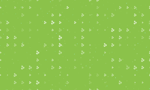 Seamless background pattern of evenly spaced white coffee beans symbols of different sizes and opacity. Vector illustration on light green background with stars