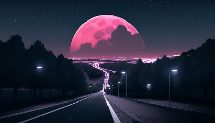 The road leading to the red moon. The night atmosphere.