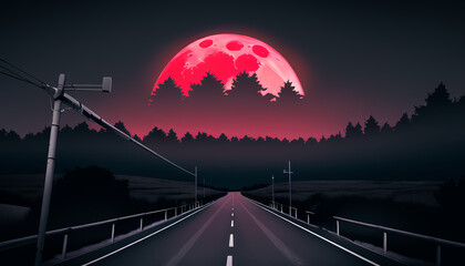 The road leading to the red moon. The night atmosphere.