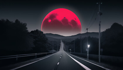 The road leading to the red moon. The night atmosphere.