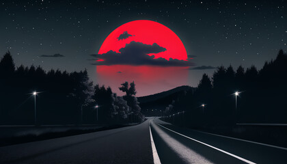 The road leading to the red moon. The night atmosphere.
