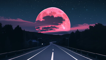 The road leading to the red moon. The night atmosphere.