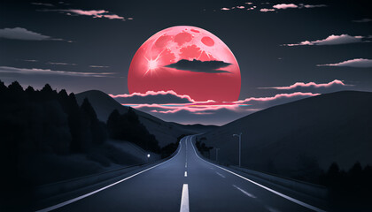 The road leading to the red moon. The night atmosphere.