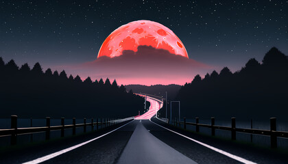 The road leading to the red moon. The night atmosphere.