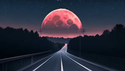The road leading to the red moon. The night atmosphere.