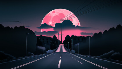 The road leading to the red moon. The night atmosphere.