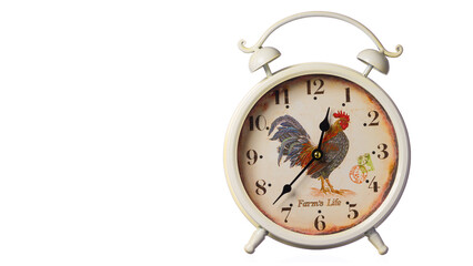 Beige alarm clock with a rooster painted on the dial on a white background. The horizontal position of the frame is 16x9. Free space for text advertising. Highlighted in white. 