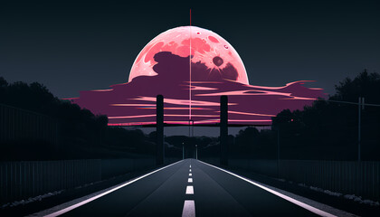 The road leading to the red moon. The night atmosphere.