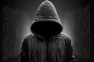 The hooded hacker uses the binary coding paradigm for both hacking and viruses. Generative AI - obrazy, fototapety, plakaty