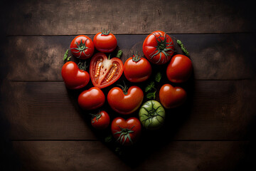 tomatoes in the shape of a heart in top view against a dark hardwood background. horizontal text spacing. Generative AI