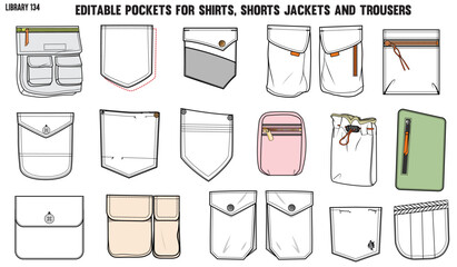 SET OF DIFFERENT TYPES OF POCKET FOR APPAREL AND CLOTHINGS; FOR SHIRTS DENIM JEANS JACKET CARGO PANTS CHINOS, JACKETS AND BLAZERS IN EDITABLE VECTOR