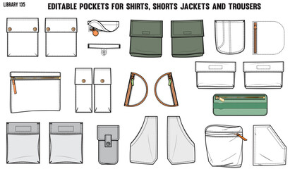 SET OF DIFFERENT TYPES OF POCKET FOR APPAREL AND CLOTHINGS; FOR SHIRTS DENIM JEANS JACKET CARGO PANTS CHINOS, JACKETS AND BLAZERS IN EDITABLE VECTOR