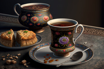 Typical pakhlava and armudu (tea cup). Generative AI