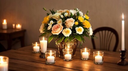 burning candles on the table with flowers. Generative Ai
