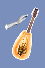 Vertical collage image of black white gamma arm papaya fruit guitar isolated on painted background
