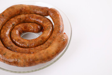 Local Northern Thai food , Northern Thai spicy sausage street food isolated in white background