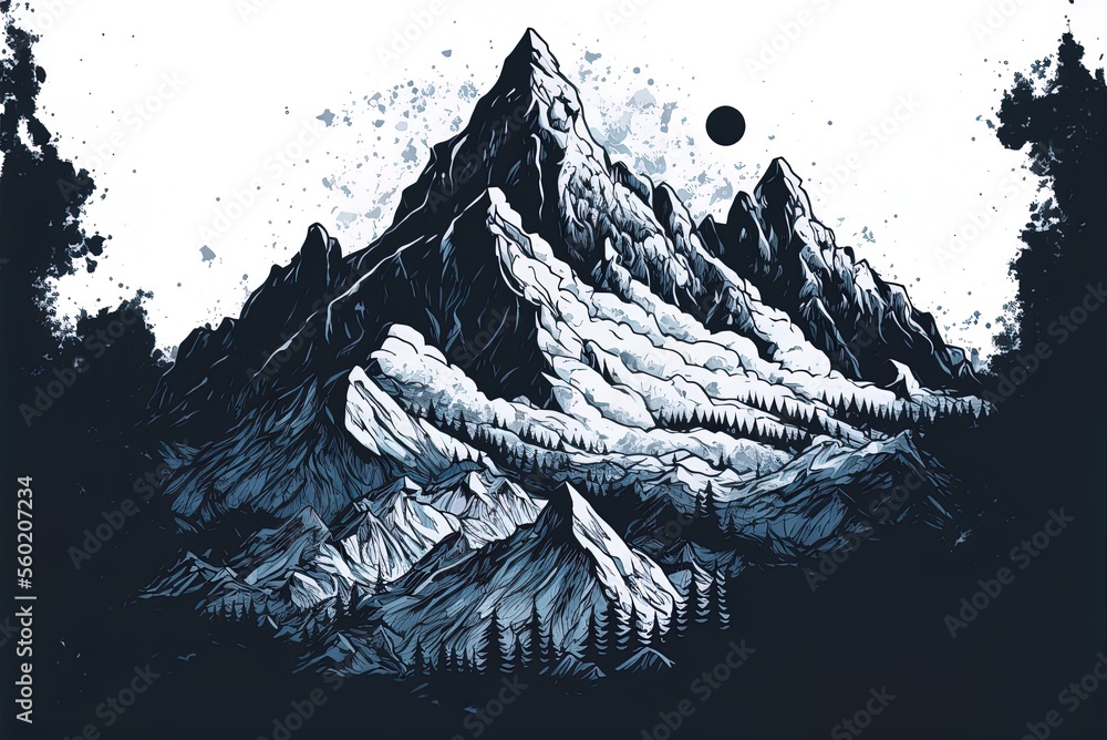 Poster a sketch of mountain ranges by hand. generative ai