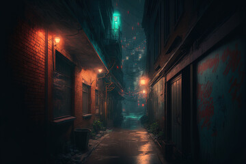 At night, a gloomy urban city alley. Generative AI