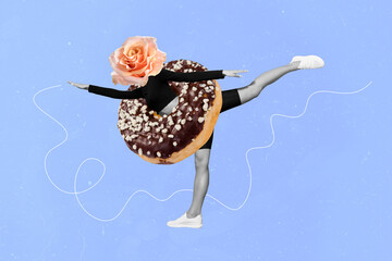Composite photo collage of young sportswoman professional athlete gymnast headless rose flower eat...