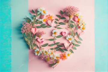 A Greenery and Floral Arrangement shaped like a heart on a colorful background