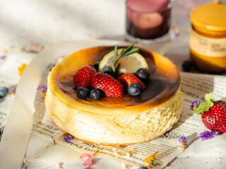 close up cheesecake with fresh strawberry and blueberries