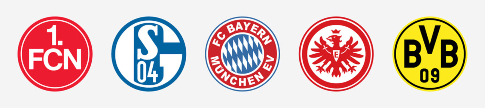 Popular Bundesliga football clubs logo. FC Bayern Munich, Borussia Dortmund, Schalke 04, FC Nurnberg, Eintracht Frankfurt, etc.  Editorial vector icon.

