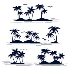 An island with palm trees. The coast is the sea, the ocean. Black silhouette on a white background. Set