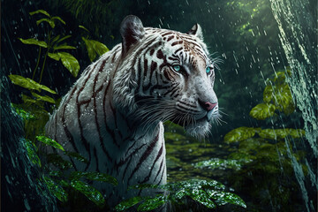 White tiger in the rain