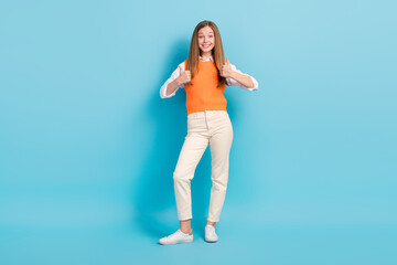 Full length photo of cheerful pretty lady wear stylish outfit advise quality clothes isolated on blue color background