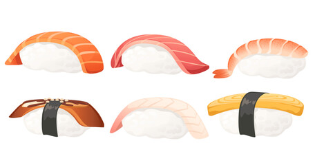 Sushi food with fish or omelette traditional japanese food vector illustration isolated on white background