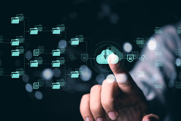 man hand point on data cloud document and files management system