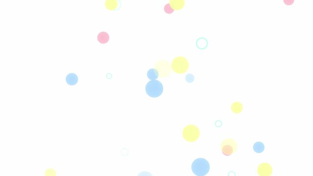 Flying soft peach yellow blue green confetti on white background. Birthday party loop animation. Cute template. Light banner with random moving circles rings particles. Backdrop with geometric shapes