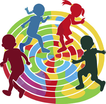 A simple vector image of a сhildren's game a group of children playing together and having fun