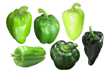 Green bell peppers (Capsicum annuum), different varieties, whole pods isolated png